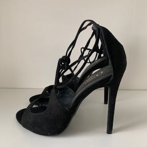 Black lace up open toe heels